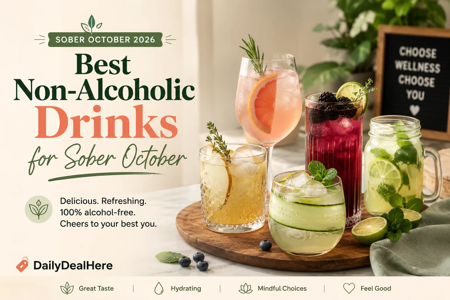 Assortment of colorful non alcoholic mocktails with fresh fruit and herbs on a wooden board for Sober October