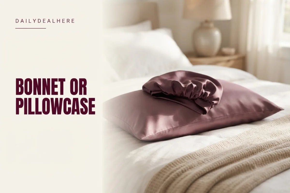 Satin hair bonnet resting on a satin pillowcase