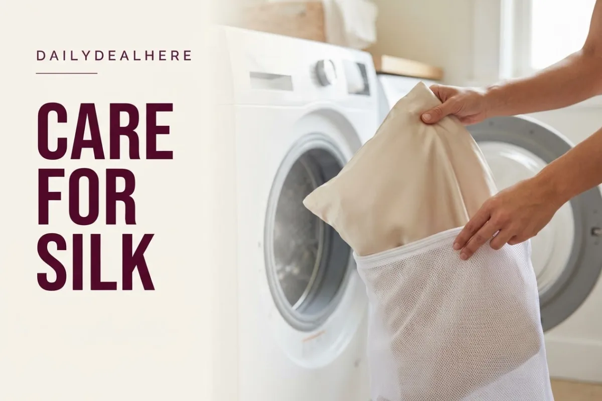Silk pillowcase going into a mesh laundry bag beside a washer