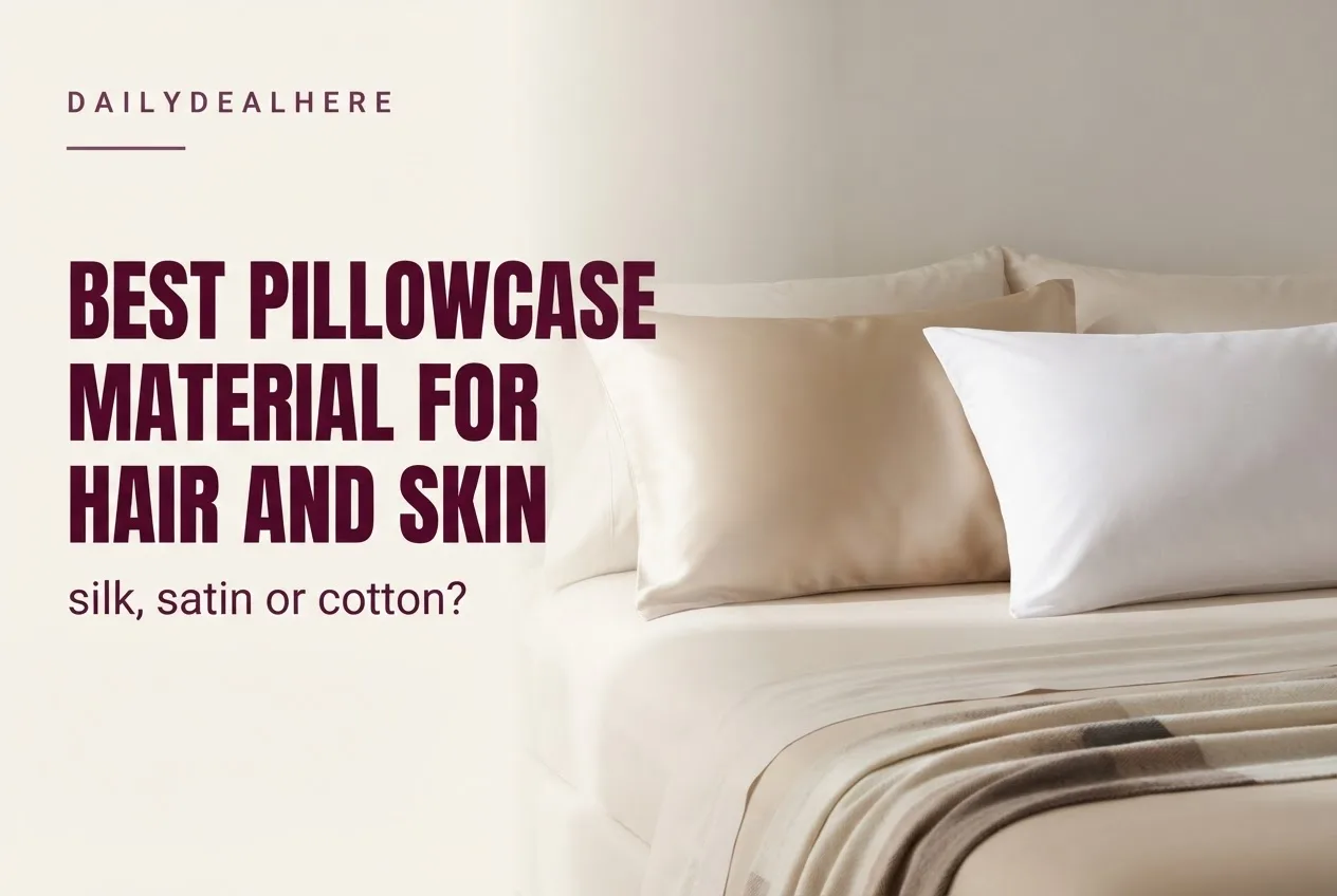 Bed with a champagne silk pillowcase next to a white cotton pillowcase