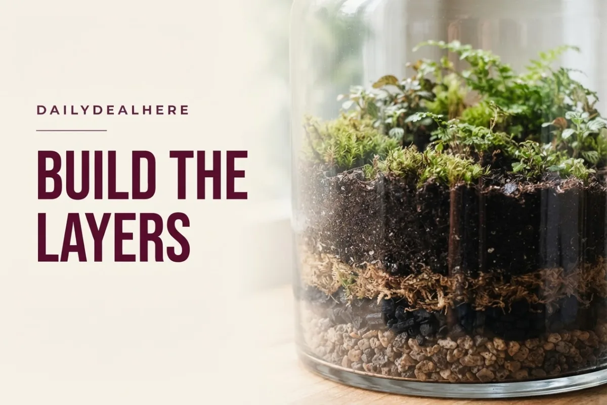 Terrarium layers: gravel, charcoal, sphagnum moss and potting soil
