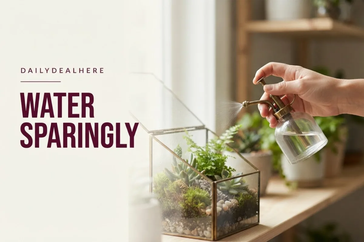 Hand misting a small terrarium with a spray bottle