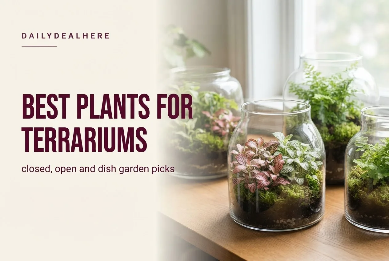 Glass terrariums with nerve plants, moss and small ferns by a window