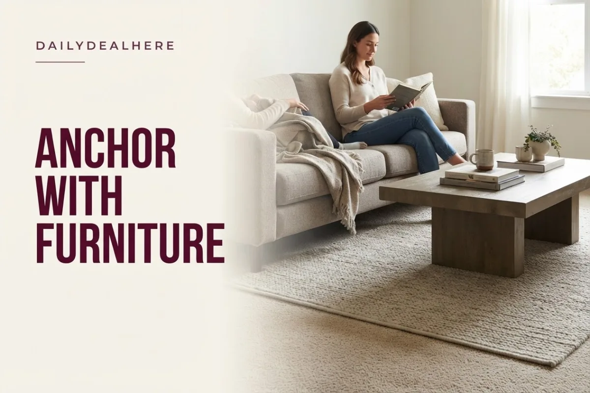 Sofa legs and a coffee table anchoring an area rug on carpet