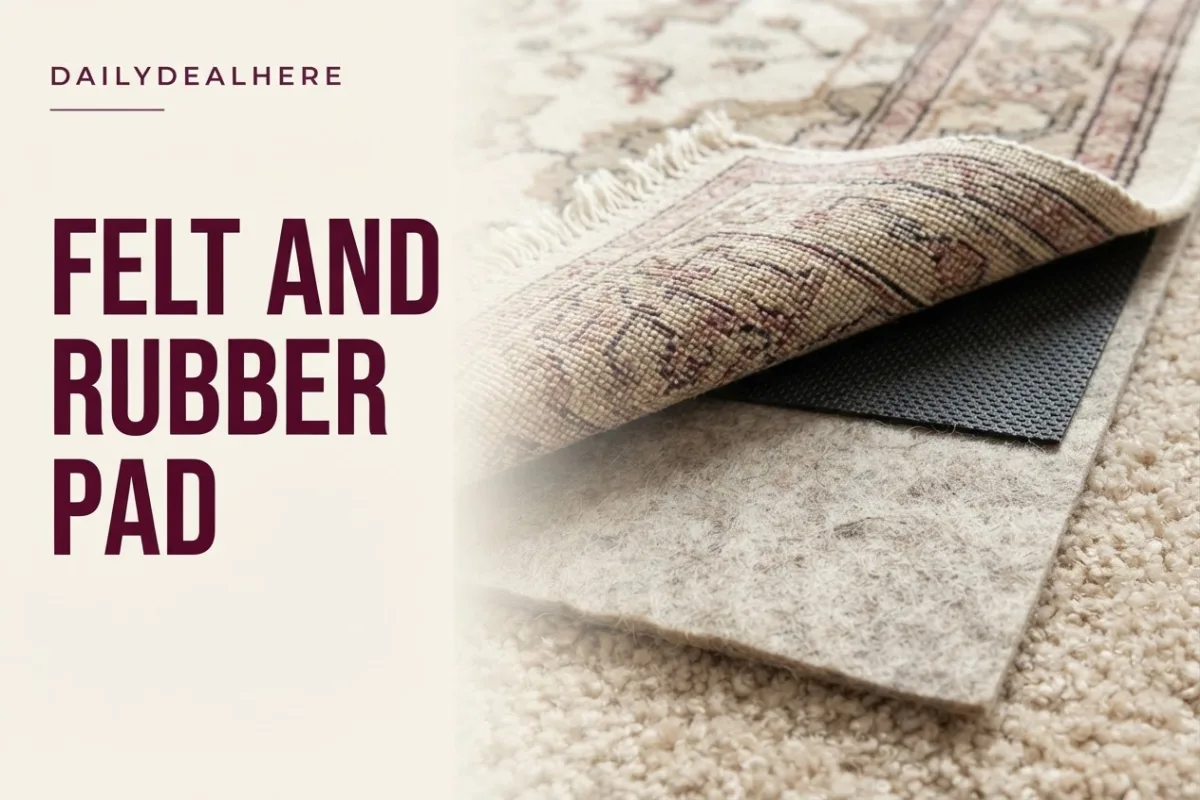 Rug corner lifted to show a felt and rubber pad on carpet