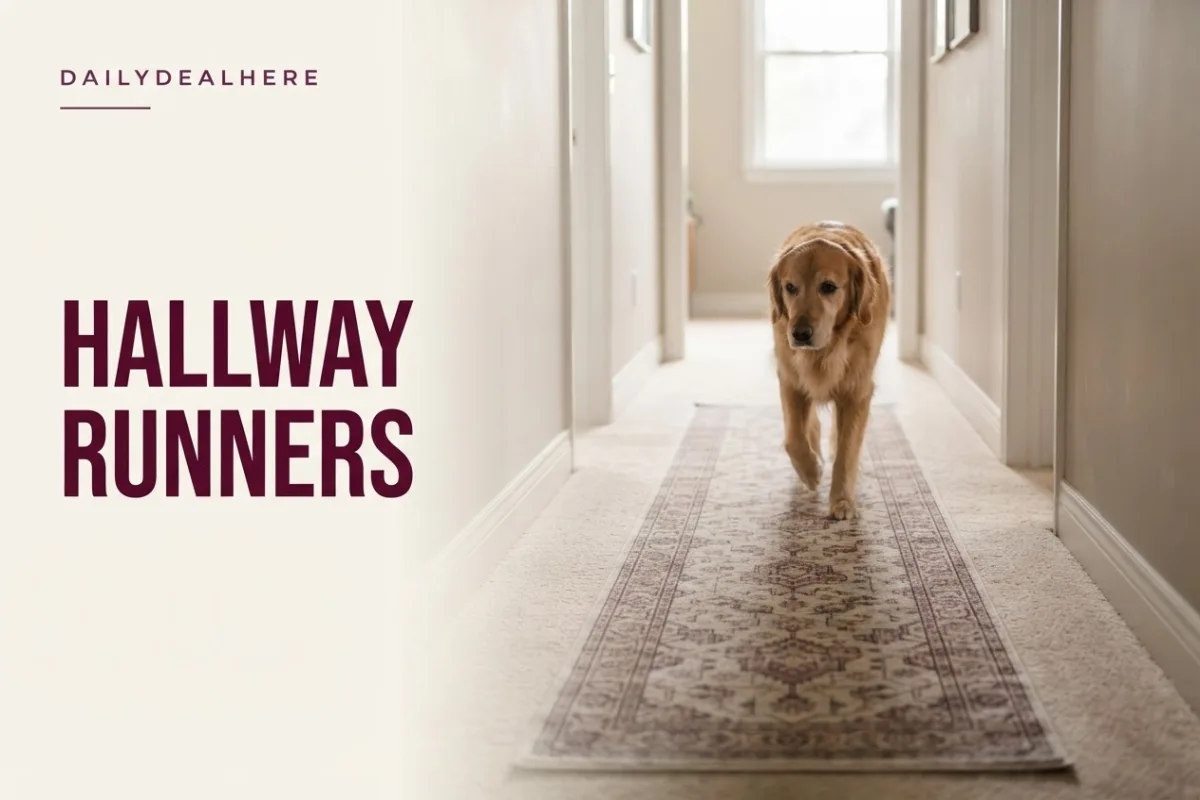 Long runner rug on a carpeted hallway