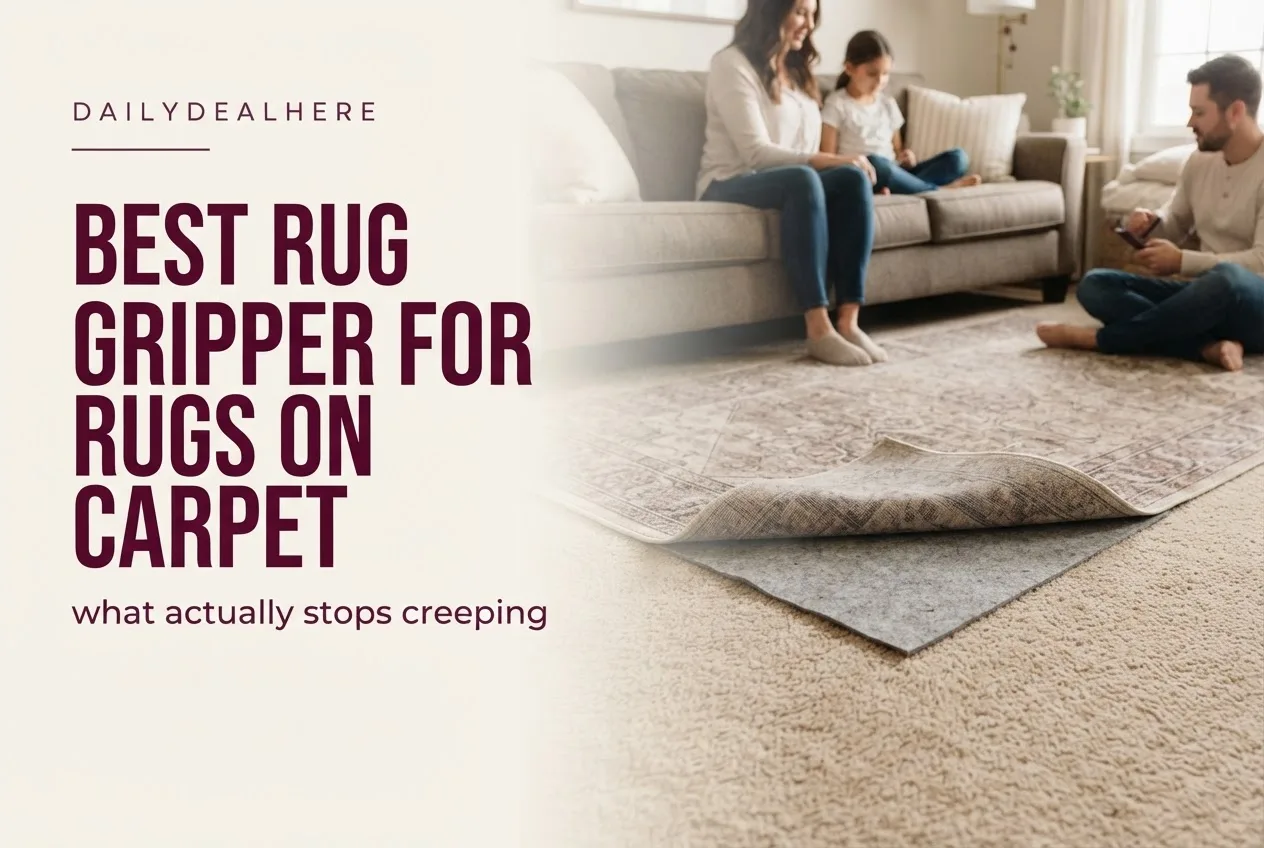 Area rug over carpet with one corner folded back to show a felt pad