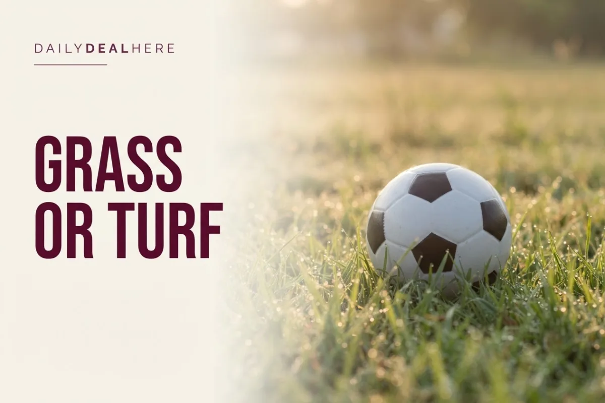 Soccer ball on dewy grass in the morning