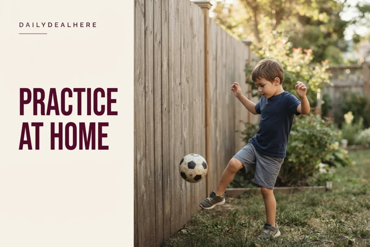 Child passing a soccer ball against a backyard fence