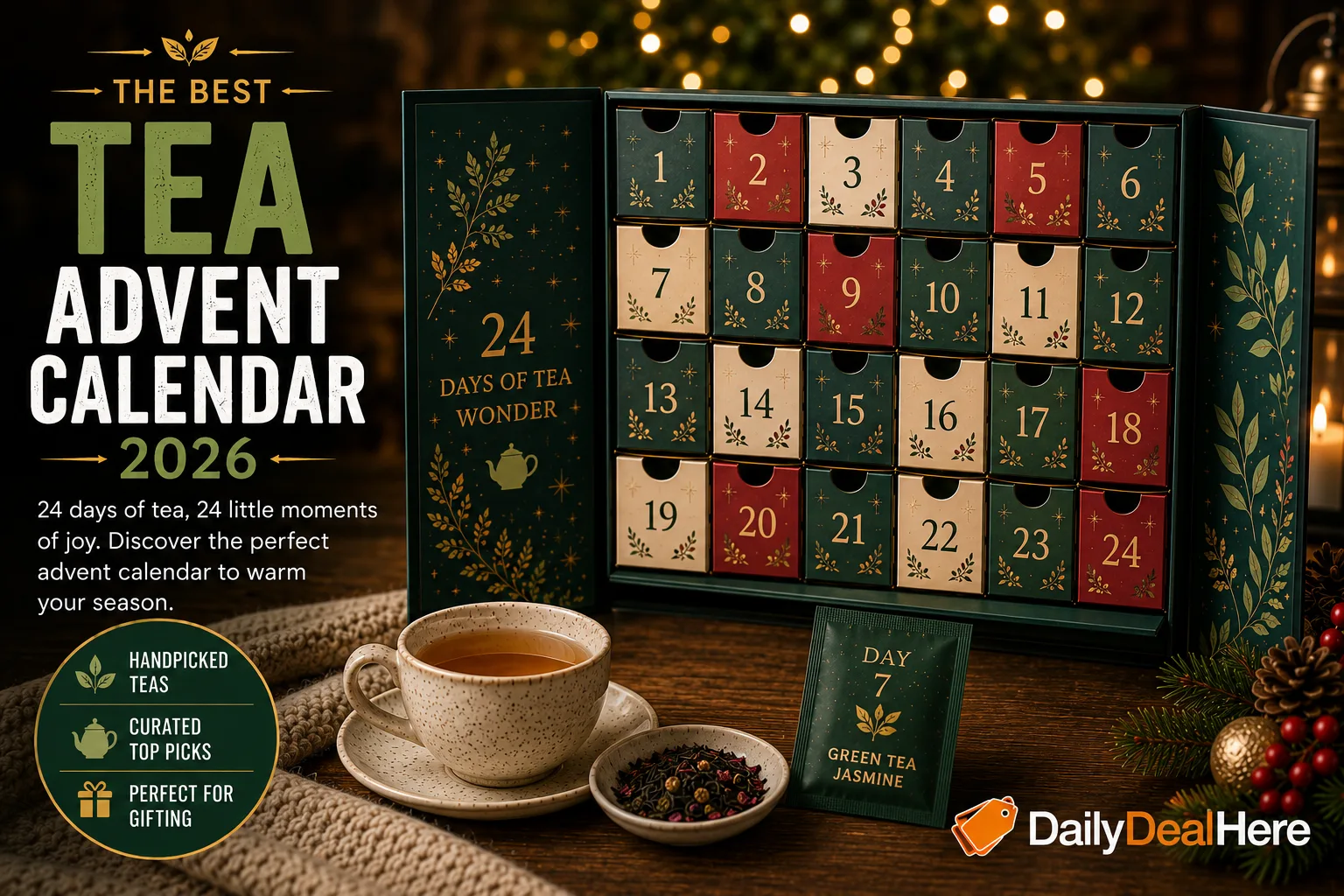 Tea advent calendar with 24 numbered drawers beside a cup of tea and a Day 7 jasmine green tea sachet