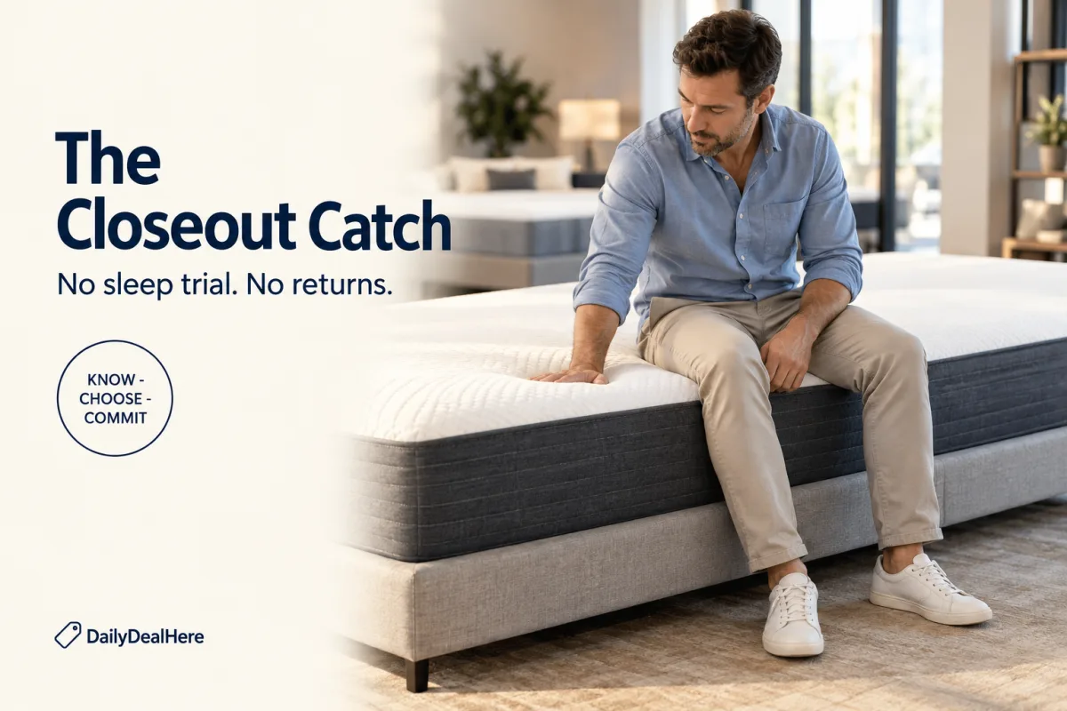 The closeout catch: a man sitting on the edge of a mattress in a showroom, testing the feel