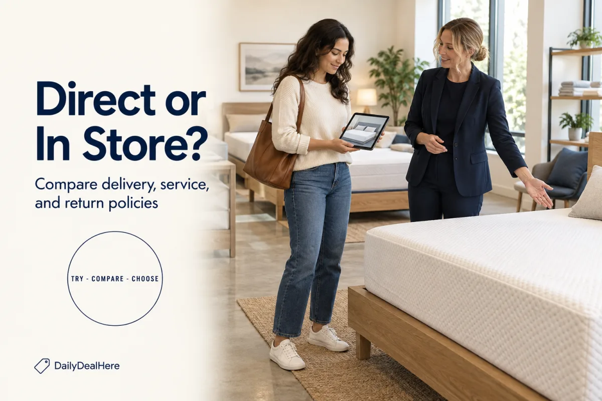 Direct or in store: a shopper with a tablet talking with a salesperson next to a mattress on display