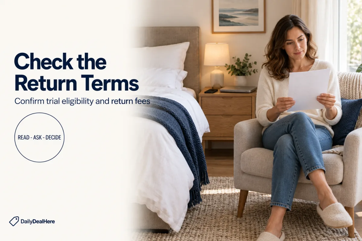 Check the return terms: a woman in an armchair reading the trial and return terms beside her bed