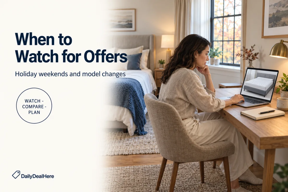 When to watch for offers: a woman comparing mattress offers on a laptop at a desk beside her bedroom