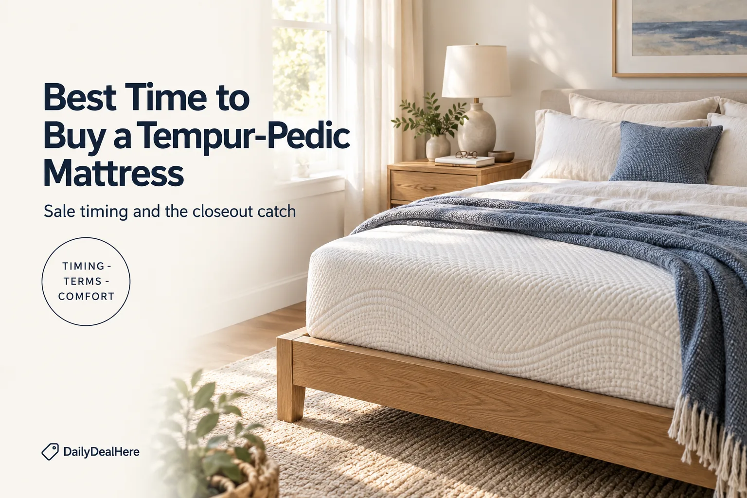 Best time to buy a Tempur-Pedic mattress: a made bed with a white memory foam mattress and navy throw in a bright bedroom