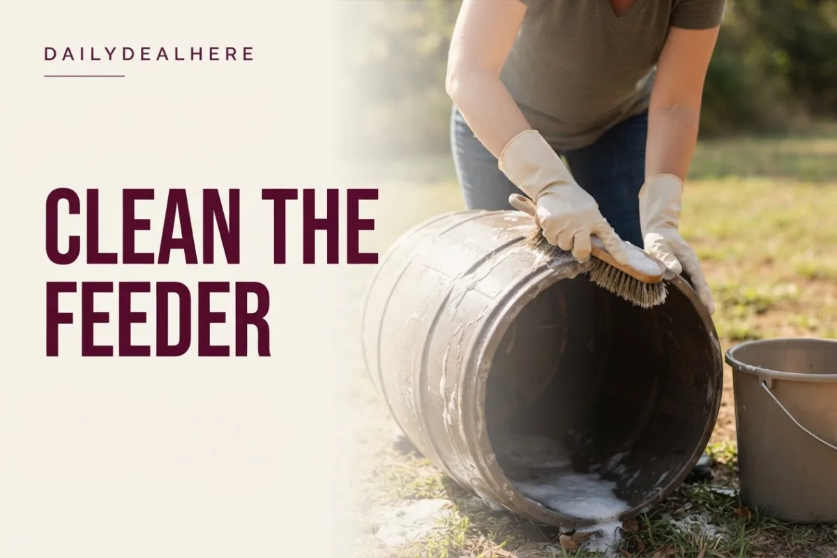 Person in gloves scrubbing a deer feeder barrel with soapy water