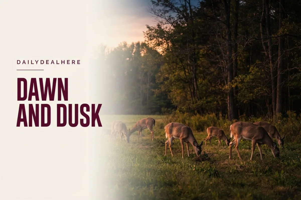 Whitetail deer grazing at a field edge at dusk