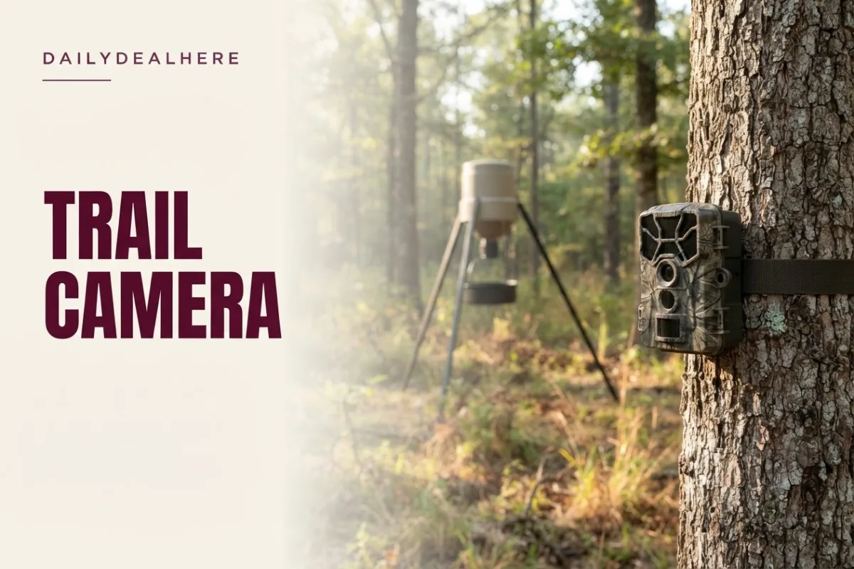 Trail camera strapped to a tree facing a deer feeder