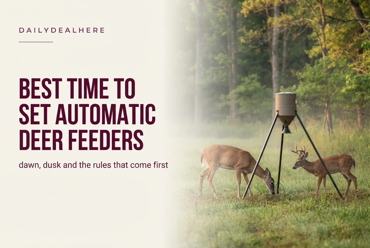 Whitetail deer near an automatic tripod feeder at dawn