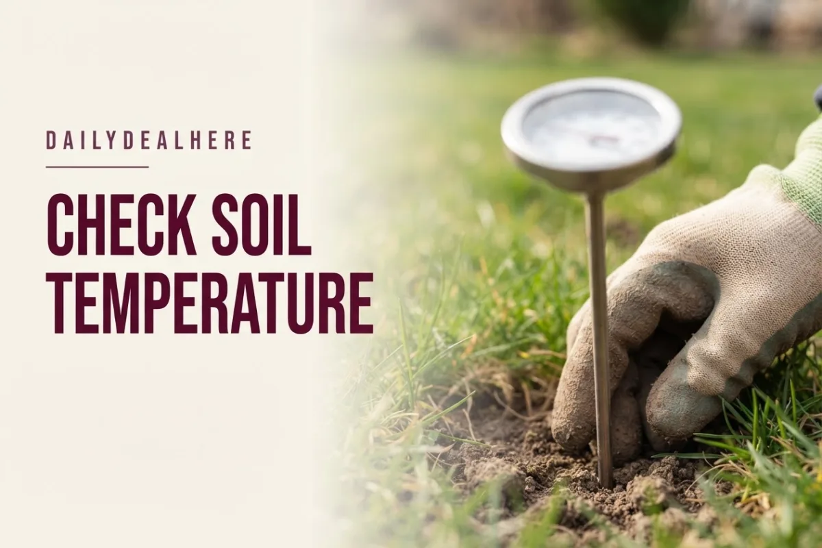 Probe soil thermometer pushed into lawn soil in early spring