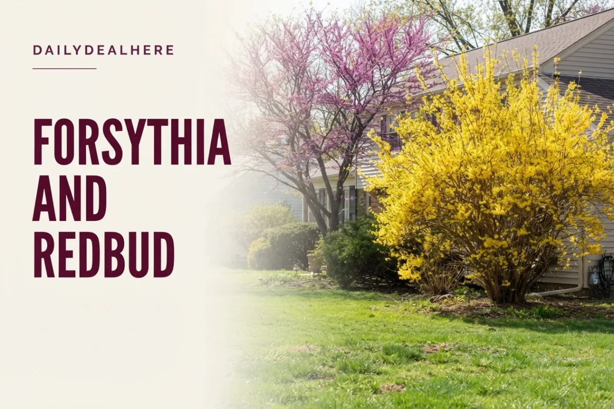 Yellow forsythia and a blooming redbud tree beside a spring lawn