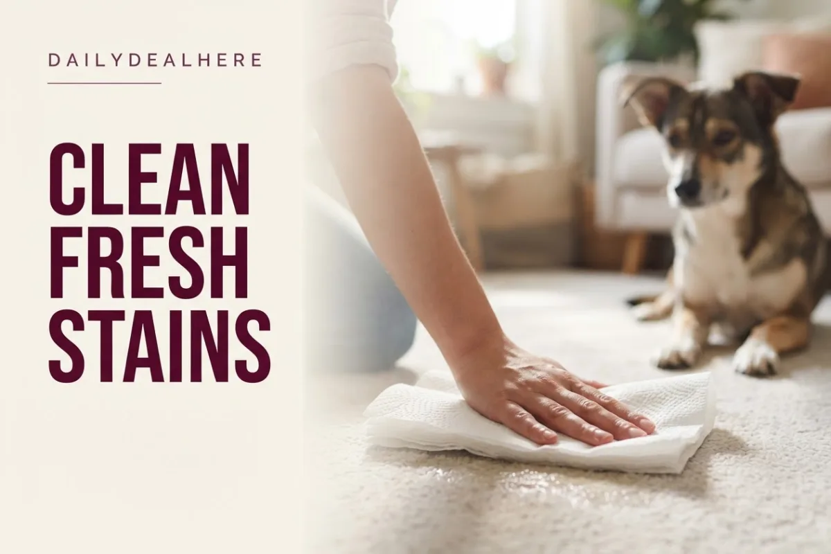 Hand pressing paper towels onto a wet spot on carpet