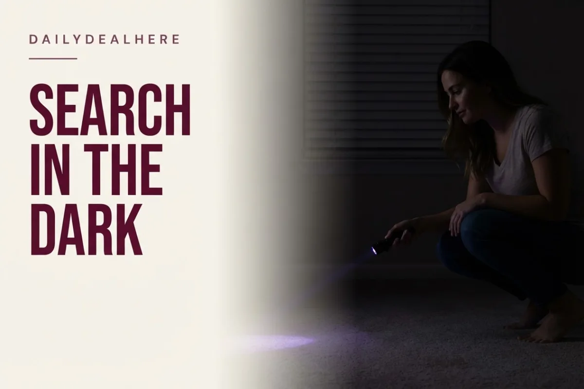 Person searching a carpet at night with a UV flashlight held low