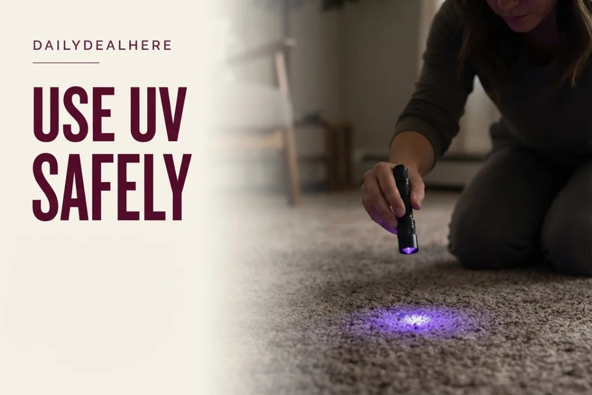 Person pointing a UV flashlight down at the carpet