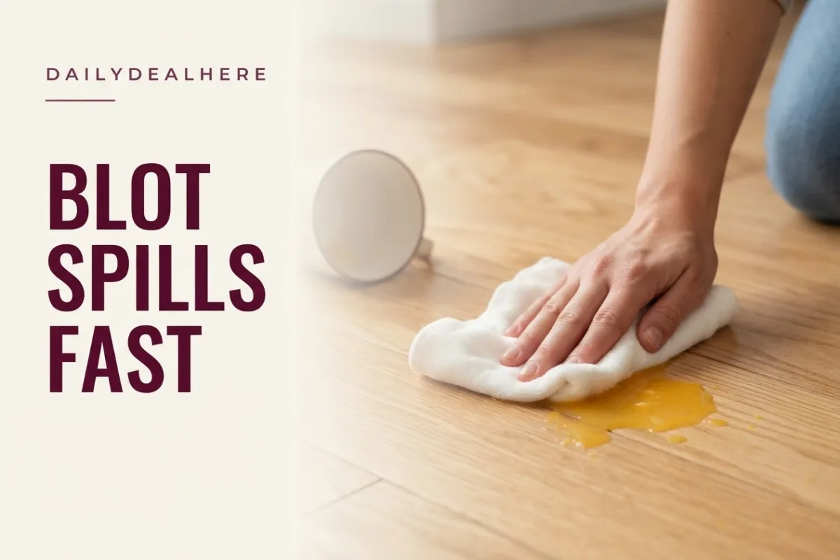 Hand blotting a juice spill on a hardwood floor with a soft cloth