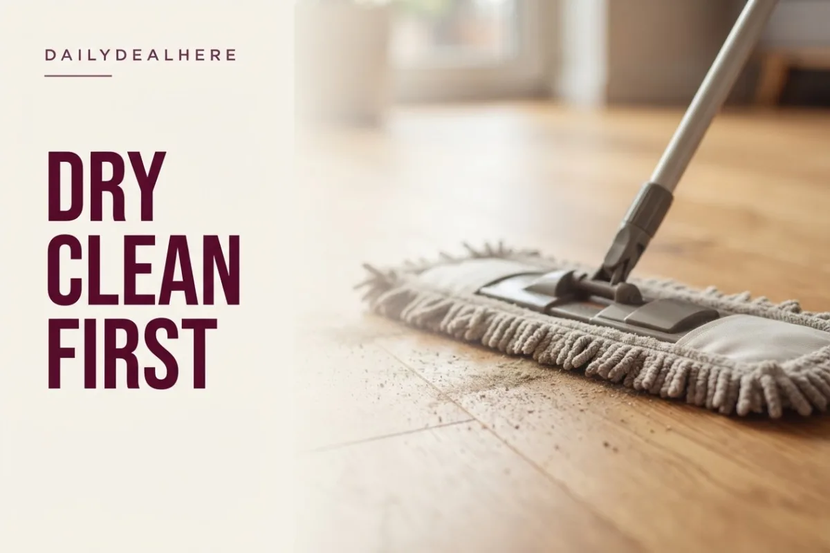 Microfiber dust mop collecting grit on an oak floor