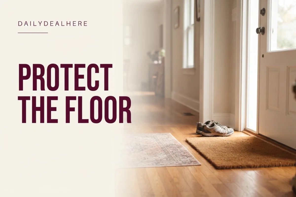 Entryway with a doormat and area rug protecting a hardwood floor