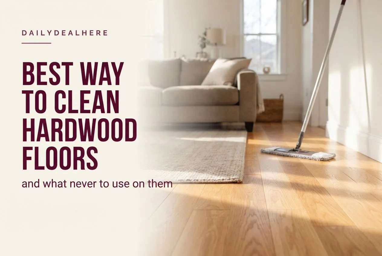 Bright living room with oak hardwood floors and a flat microfiber mop
