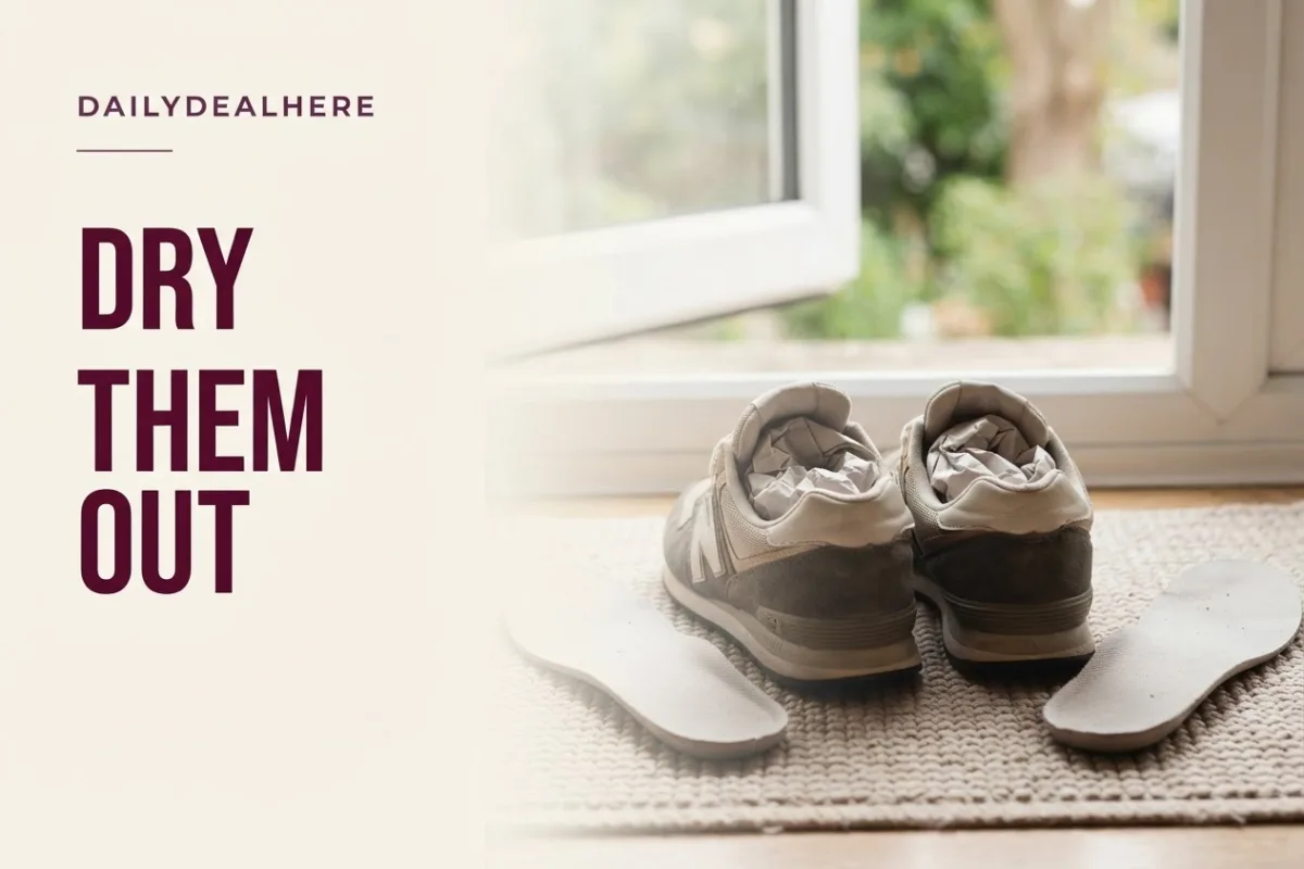 Sneakers stuffed with paper drying near an open window