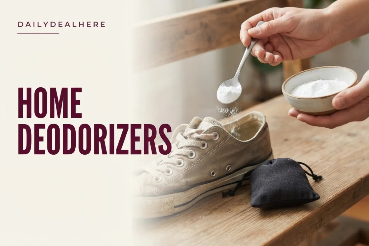 Sprinkling a deodorizing powder into a sneaker