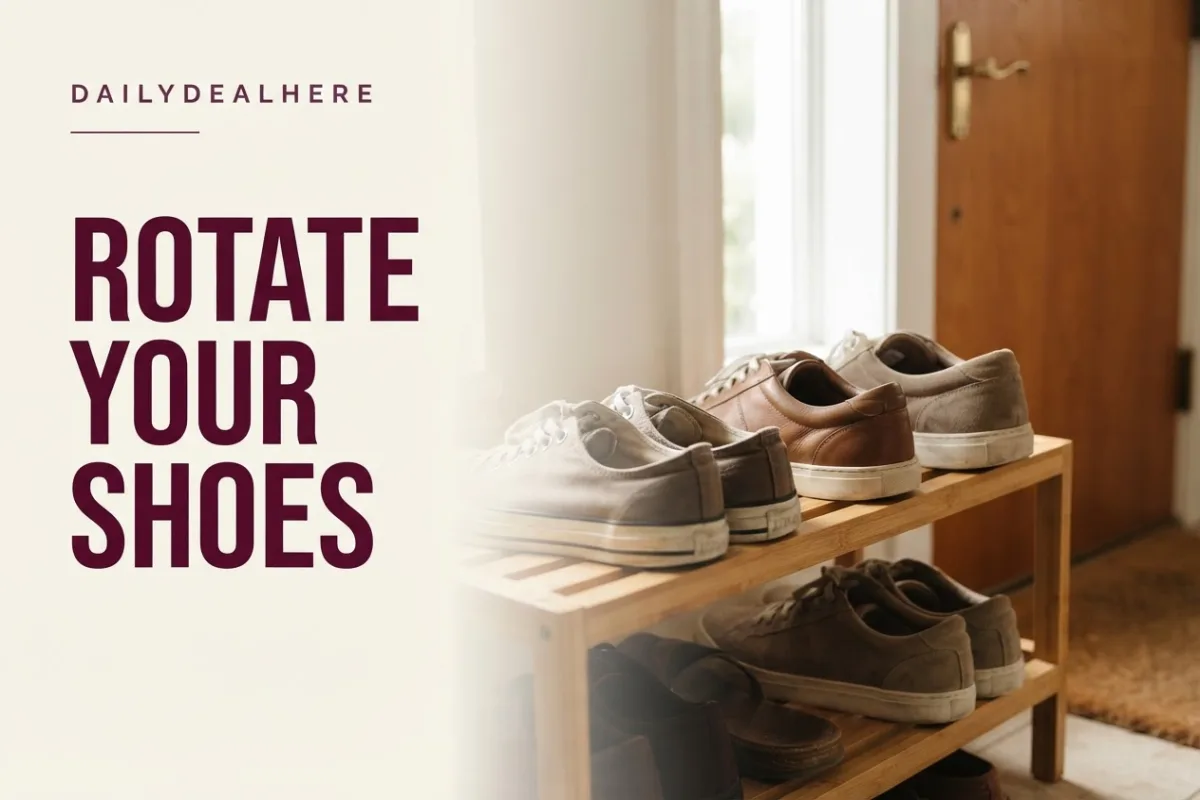 Several pairs of everyday shoes on an open shoe rack