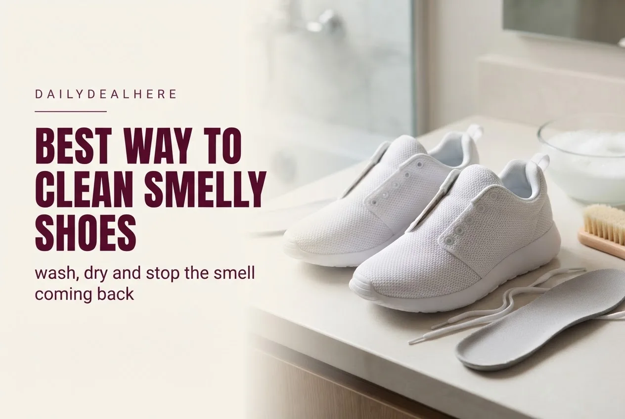 Sneakers with insoles and laces removed beside a brush and soapy water