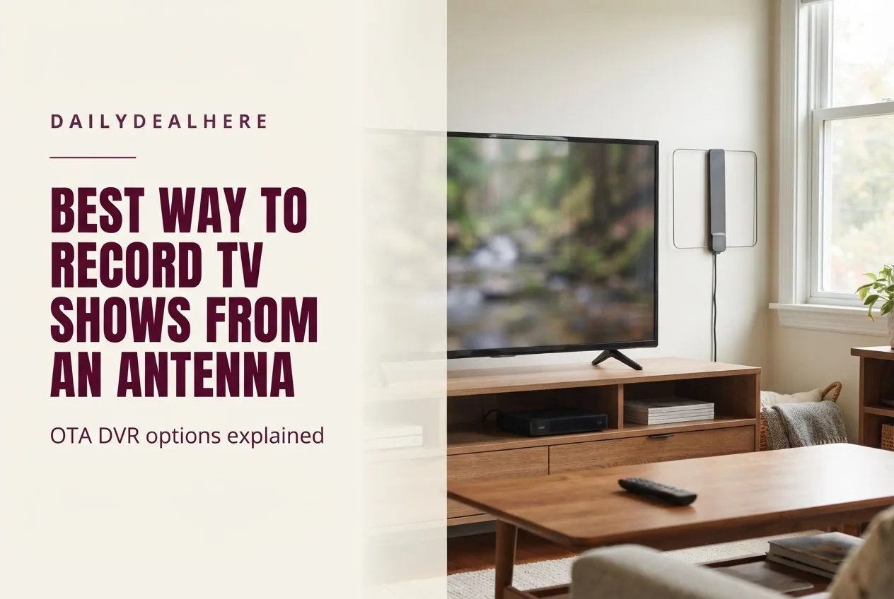 Living room TV with an indoor antenna, a DVR box and a remote