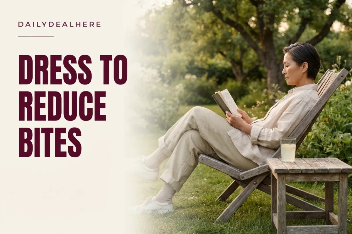Adult reading in a deck chair wearing a loose light linen shirt, light long pants and socks