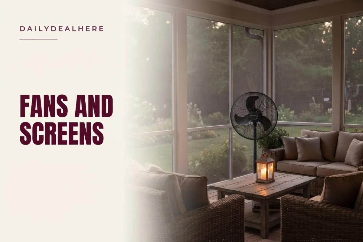 Screened porch at dusk with a pedestal fan aimed across a wicker seating area