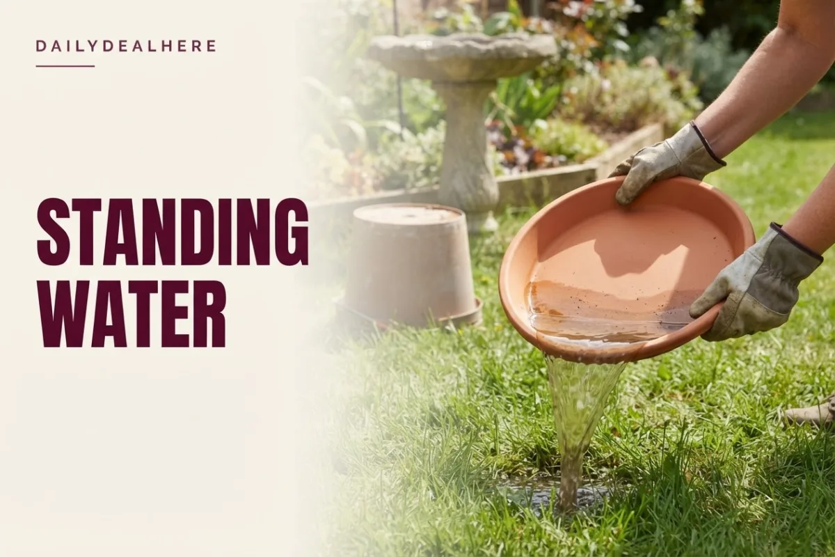 Gloved hands tipping standing water out of a plant saucer, with a bird bath and an upturned bucket behind