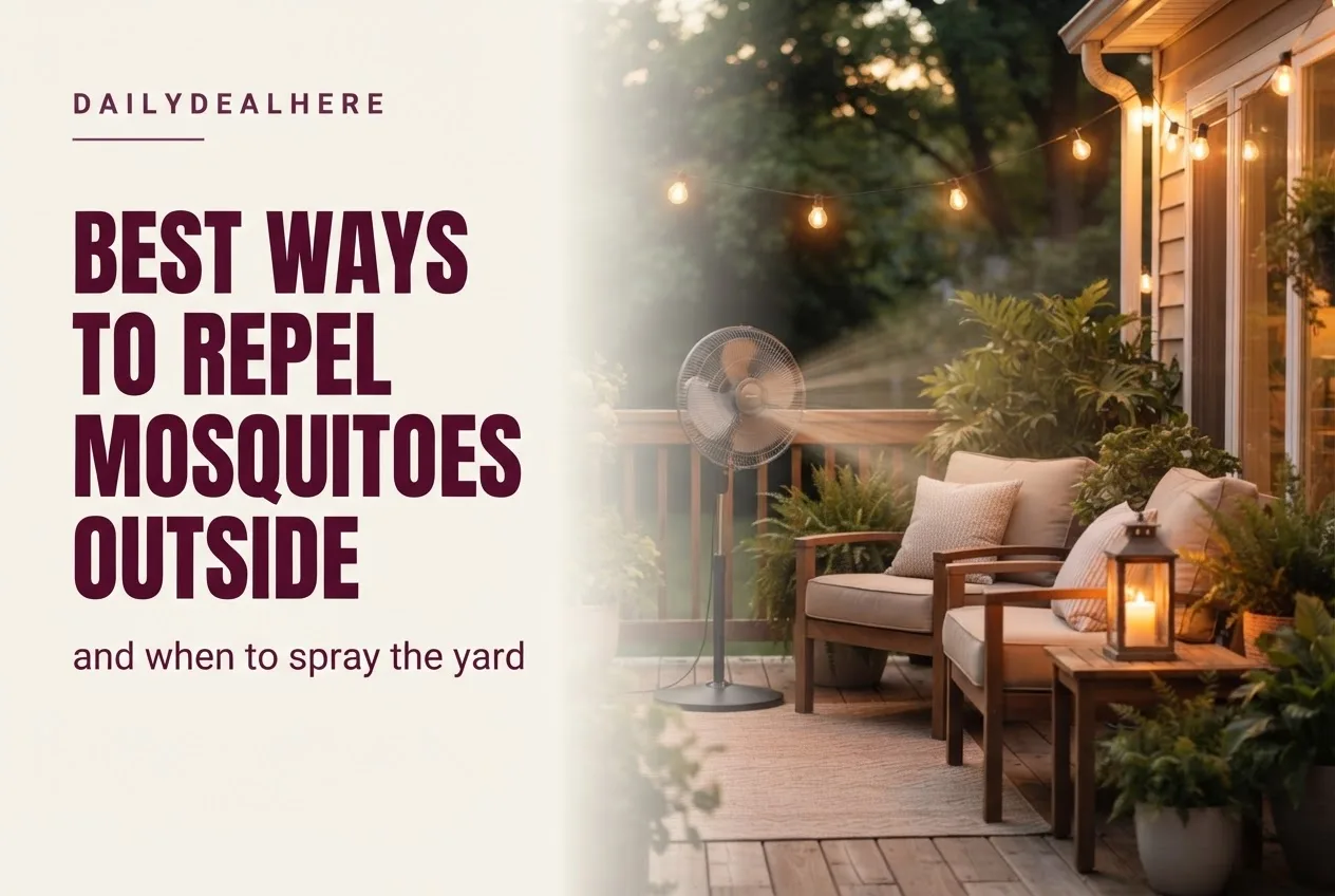 Backyard deck at dusk with string lights, a pedestal fan aimed at two chairs, a lantern and potted plants