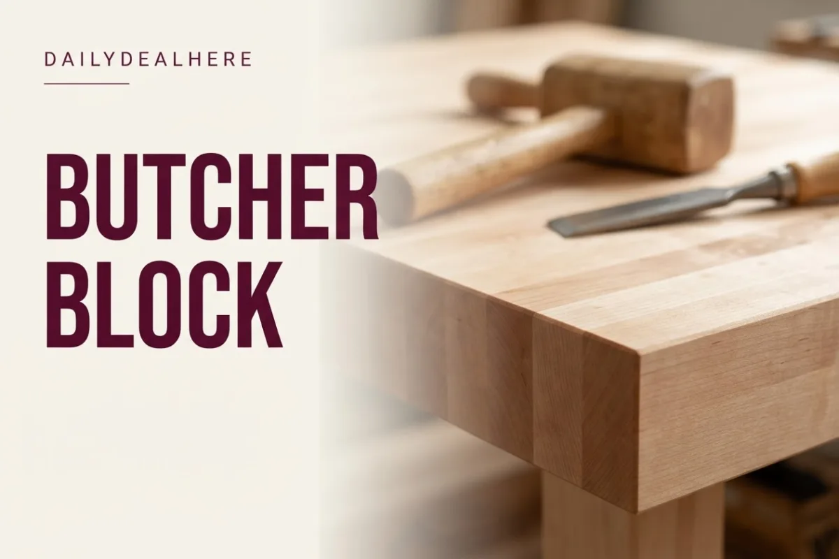 Edge of a maple butcher block bench top with a mallet and chisel