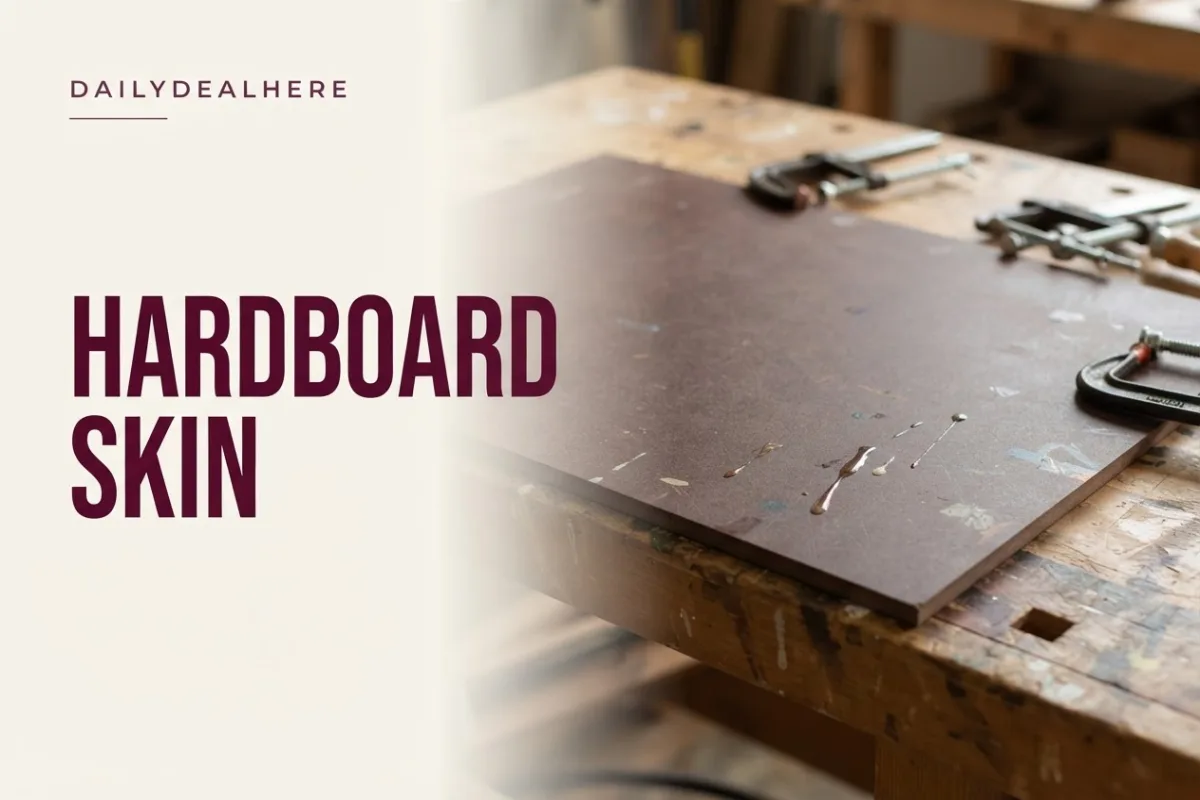 Replaceable hardboard sheet on a workbench with glue and paint marks