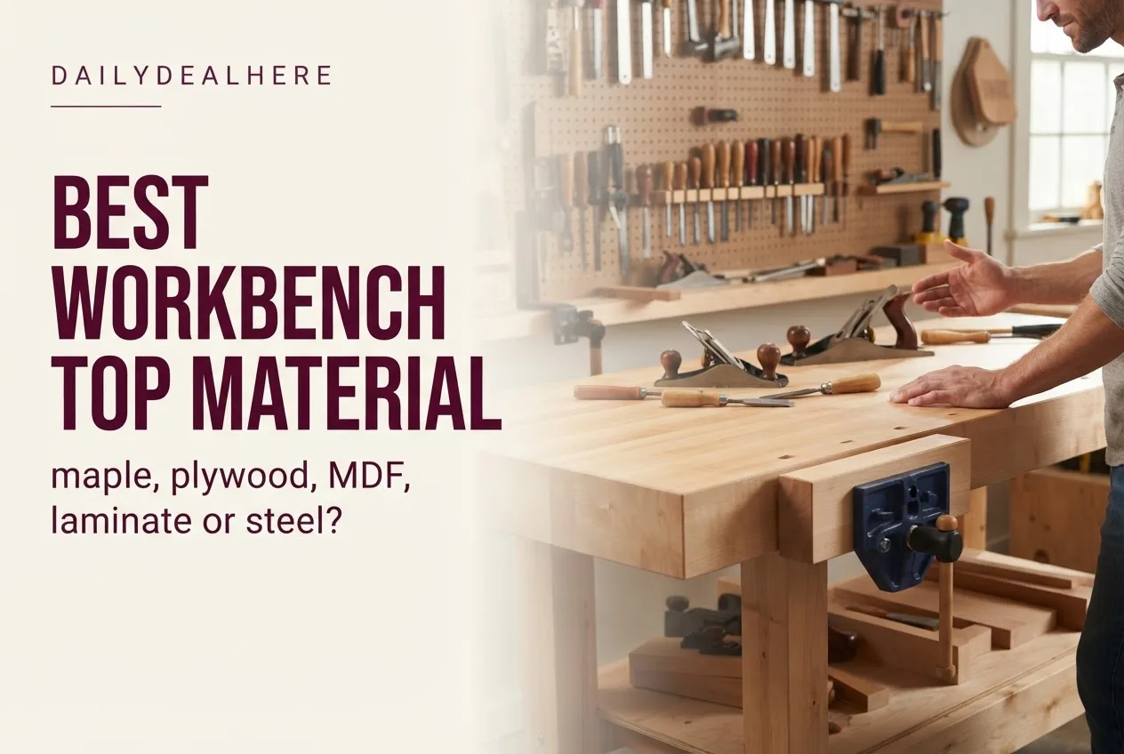 Maple butcher block workbench with a vise and hand tools