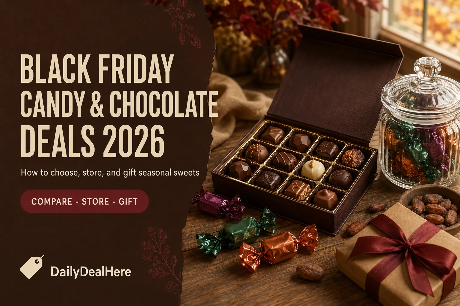 Black Friday candy and chocolate deals 2026 with a filled chocolate box, wrapped candies and a gift box