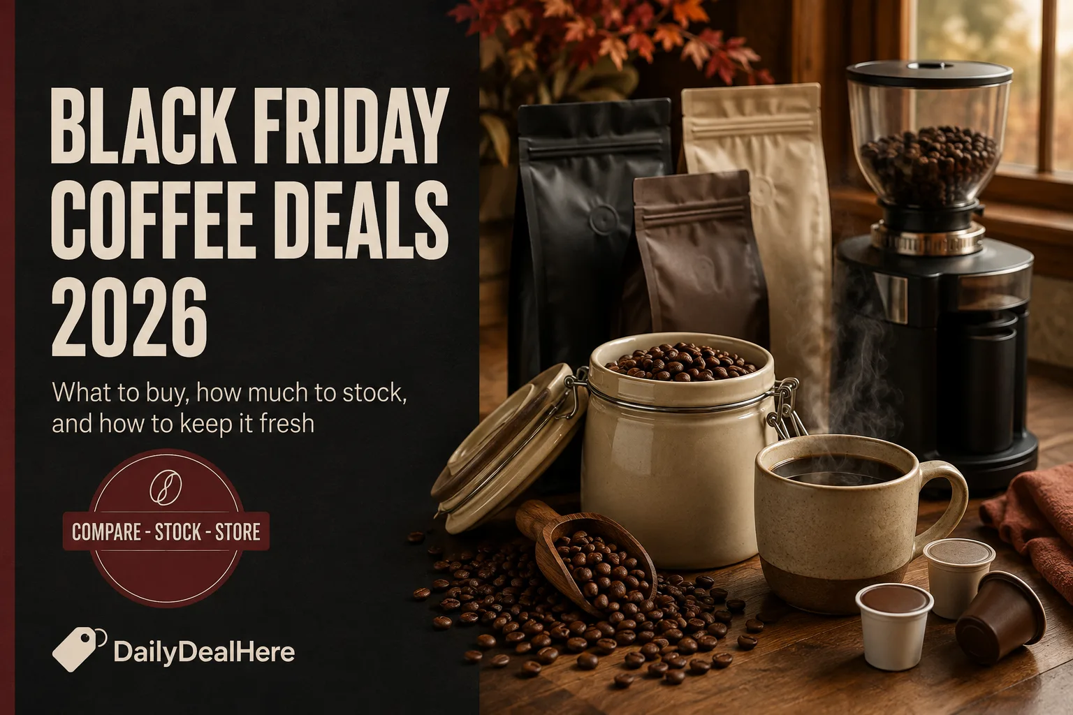 Black Friday coffee deals 2026 with whole bean bags, a burr grinder, storage canister and a fresh cup