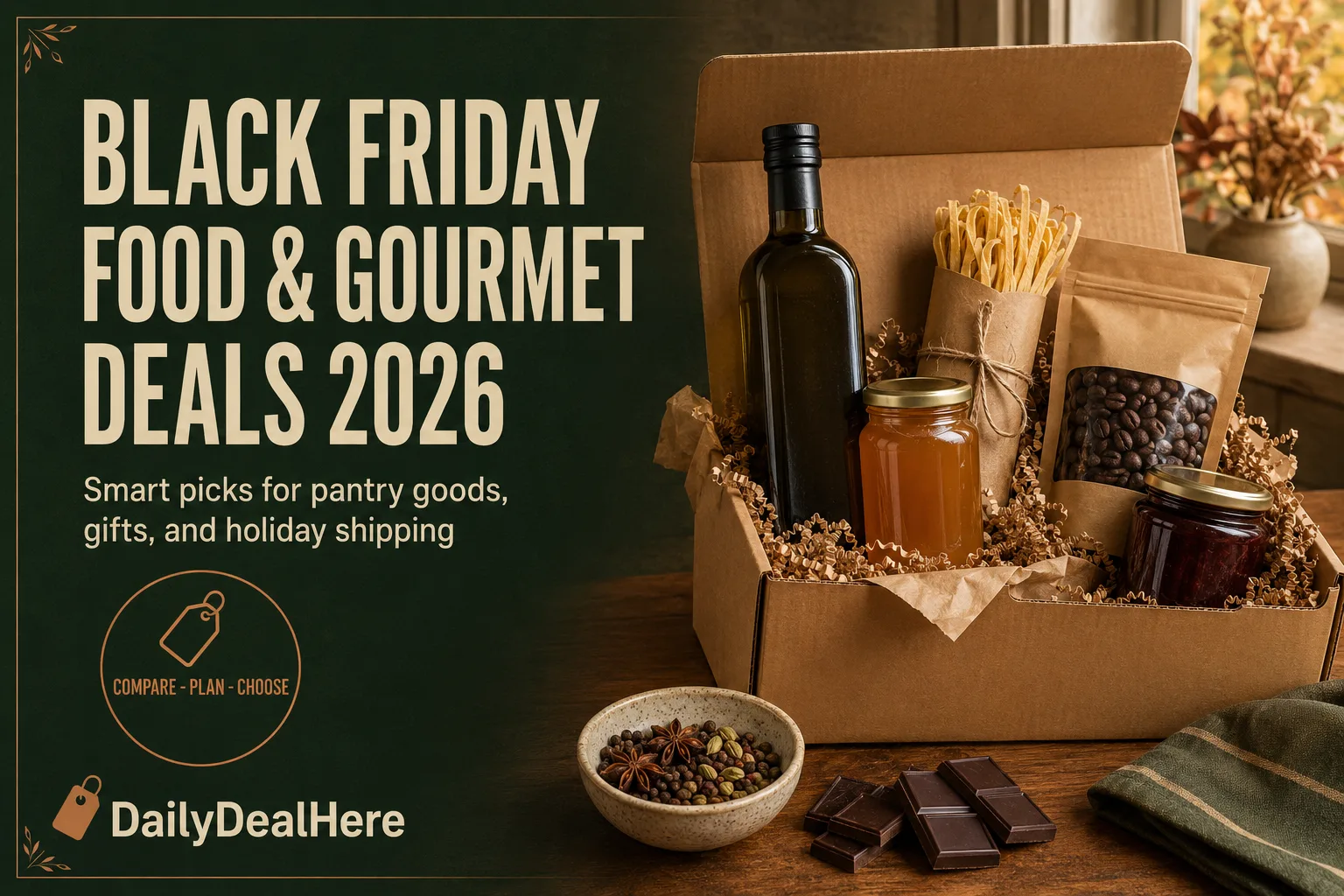 Black Friday food and gourmet deals 2026 gift box with olive oil, pasta, honey, coffee beans and chocolate