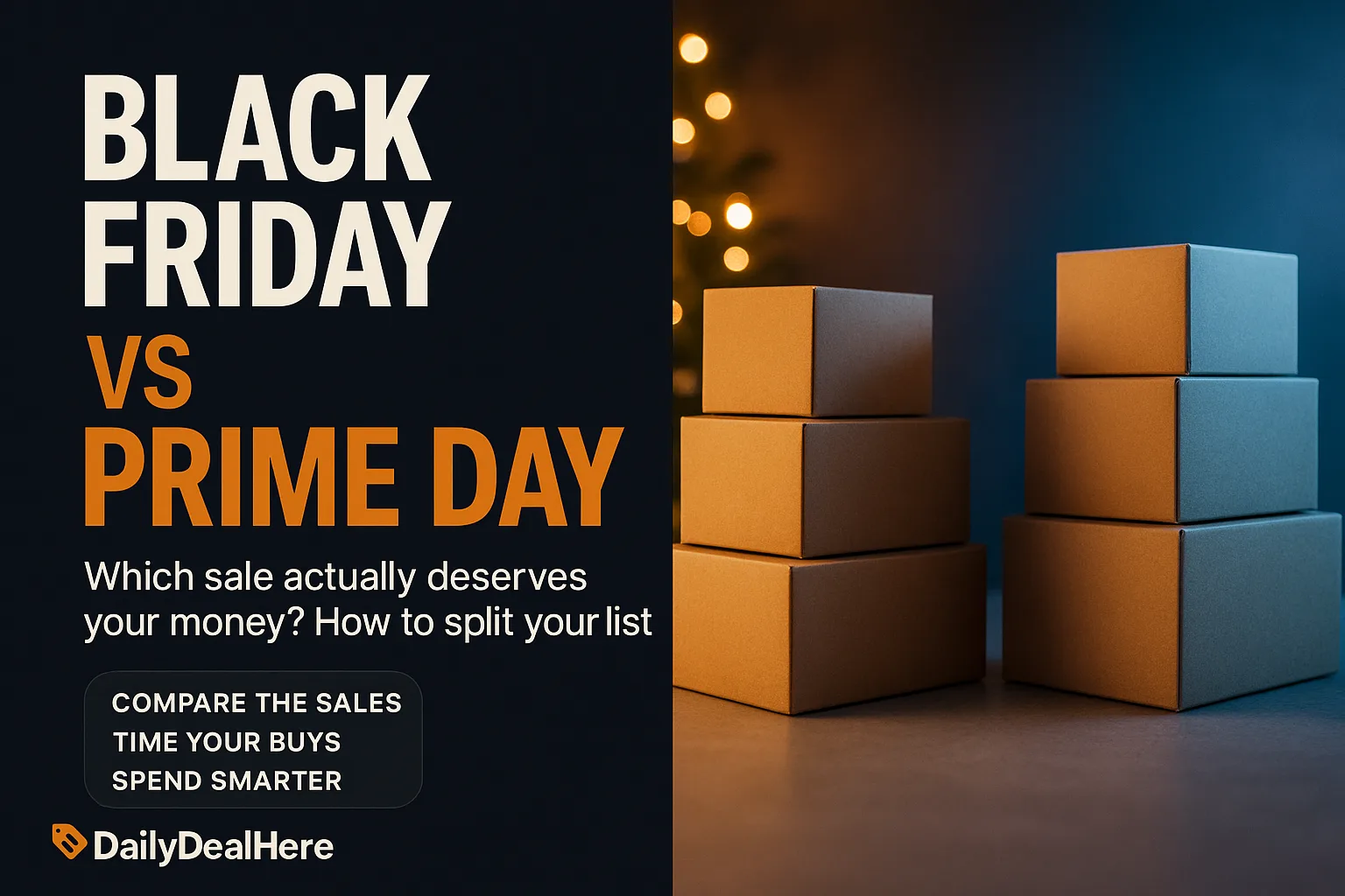 Two stacks of delivery boxes in warm and cool light comparing Black Friday and Prime Day
