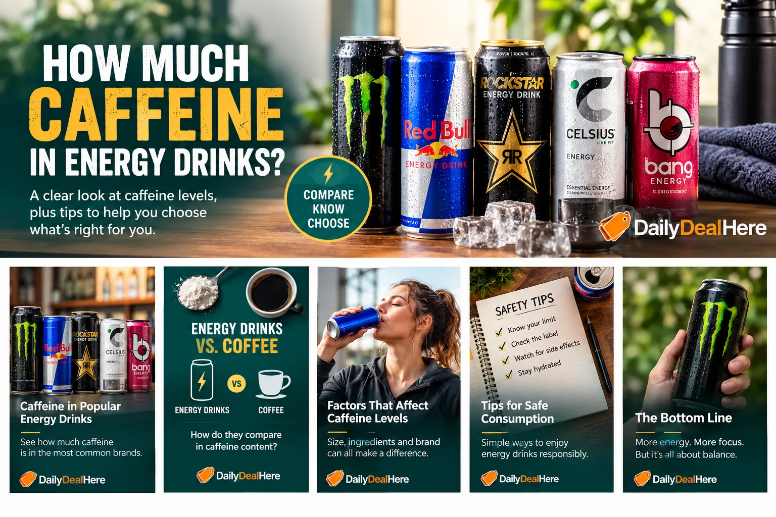 Energy drink cans beside tiles about caffeine comparisons, safety tips and finding balance
