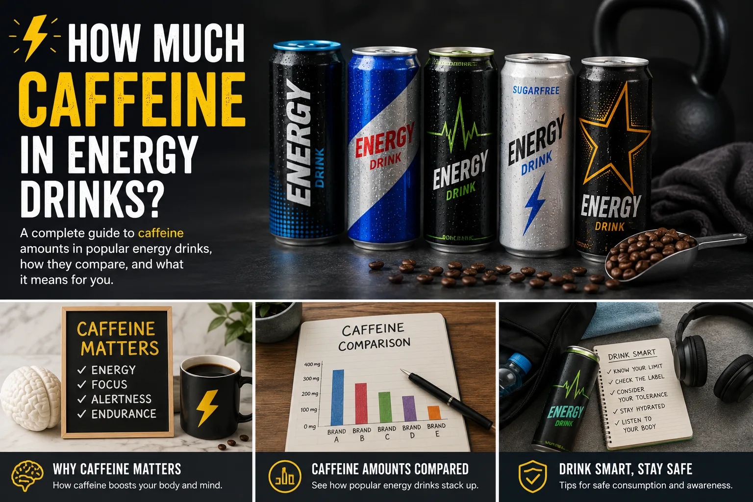 Generic energy drink cans with a caffeine comparison chart and a drink smart checklist